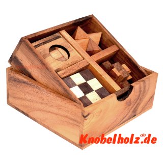 Holzpuzzle Knobelbox mit 4 Knobelspielen